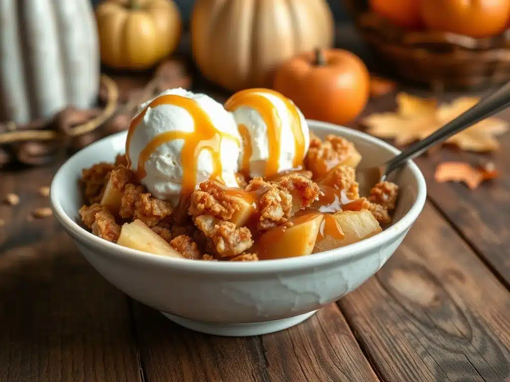 Warm apple crisp served with ice cream and caramel drizzle