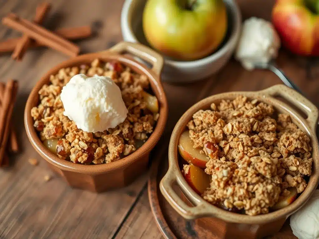 A delicious apple crisp and apple crumble served side by side on a rustic wooden table.