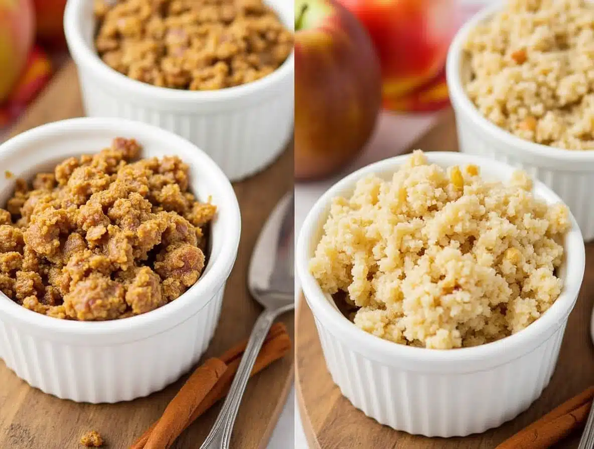 Apple crisp and apple crumble toppings compared side by side.