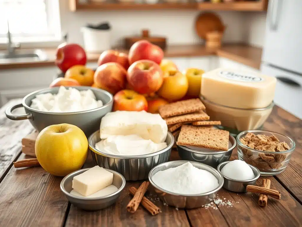 Ingredients for making apple crumble cheesecake displayed on a countertop.