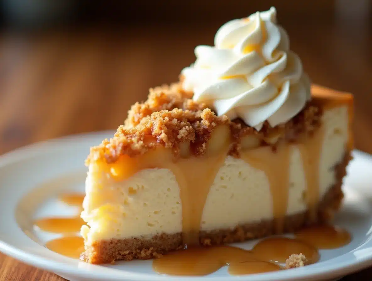 Apple crumble cheesecake served on a plate with a caramel drizzle.