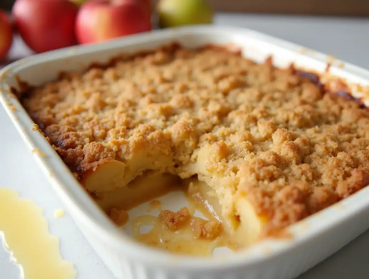 A freshly baked apple crumble with a fine, buttery topping.