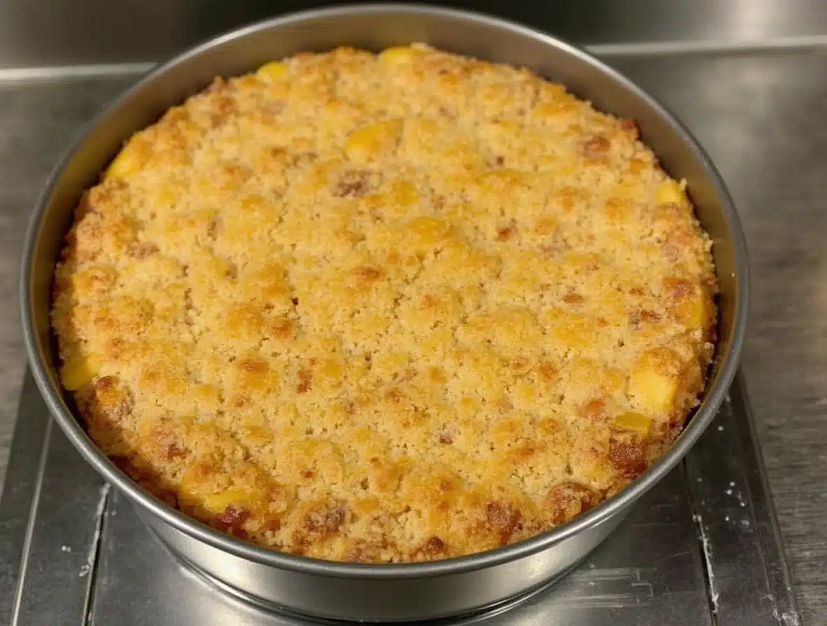 Apple crumble cheesecake assembled and ready for the oven.