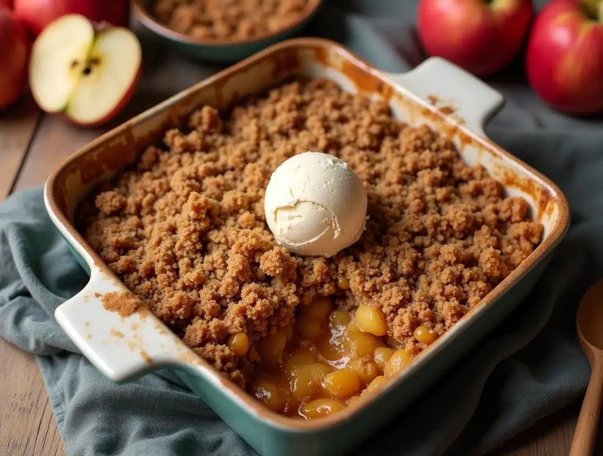 A freshly baked apple crisp with a crunchy oat topping.