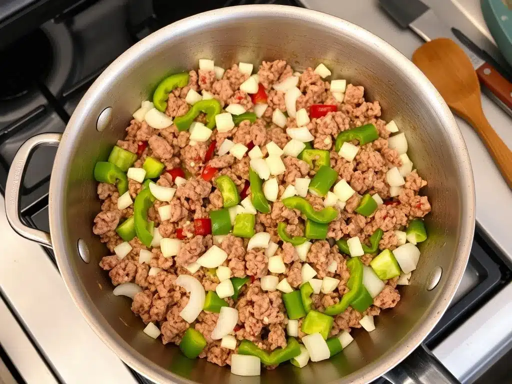 A skillet with ground beef and vegetables being cooked.