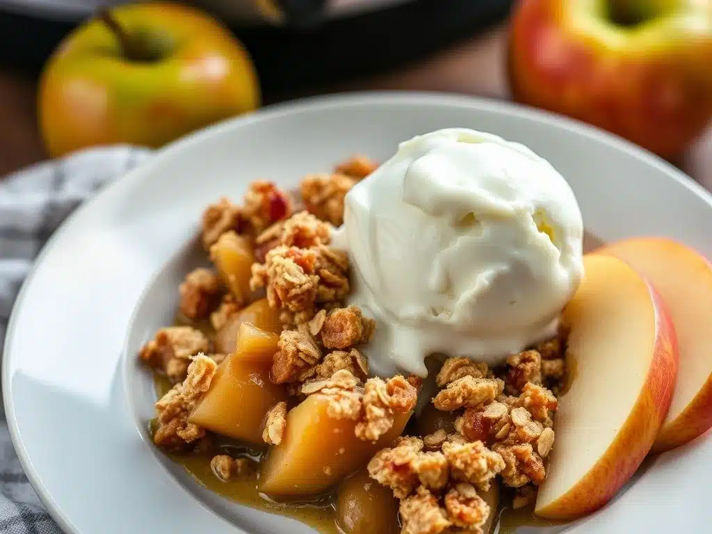 Warm crockpot apple crisp served in a bowl with ice cream