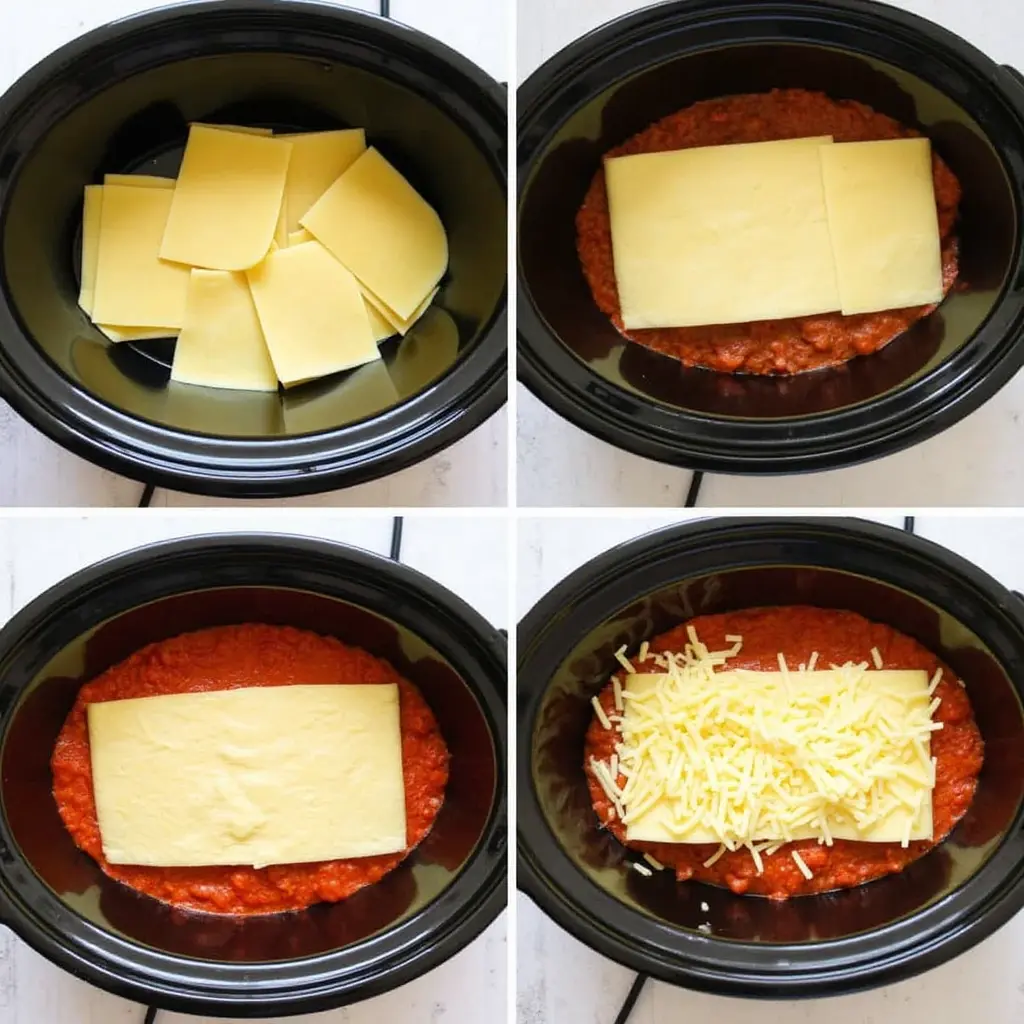 Layering lasagna in a crockpot step-by-step