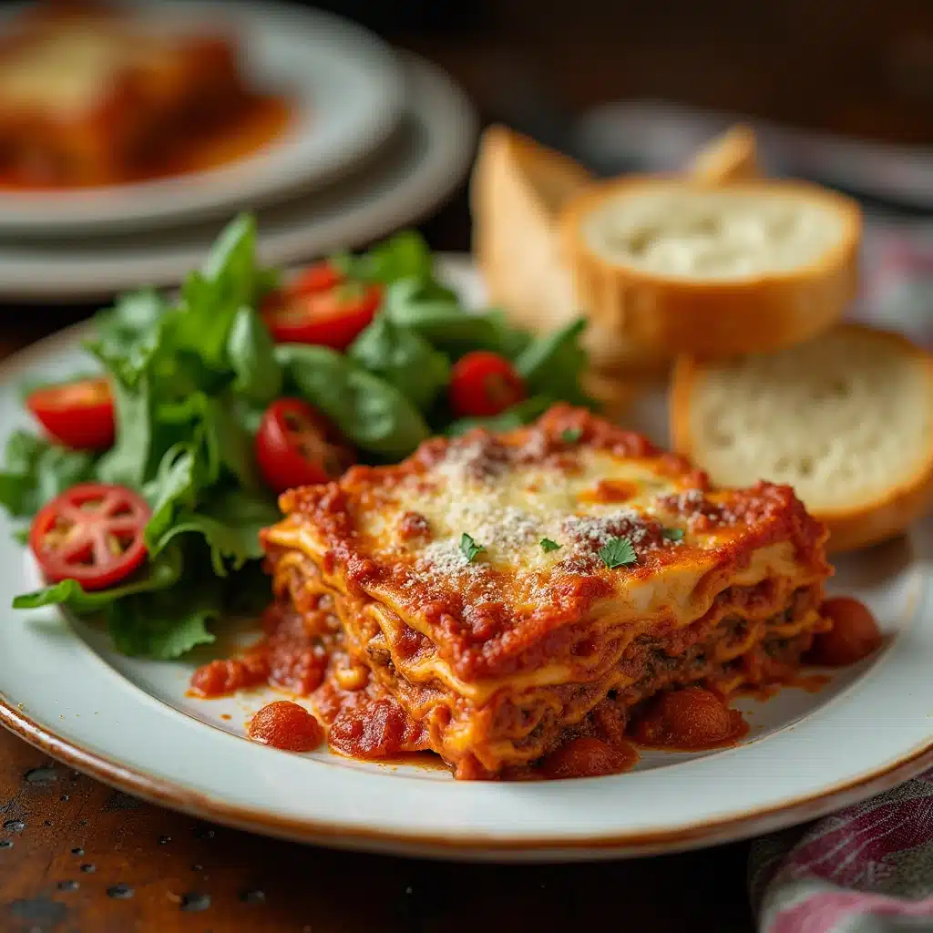 Crockpot lasagna served with garlic bread and salad