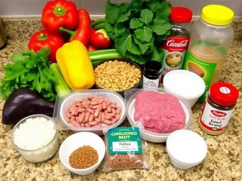 Ingredients for baked beans with ground beef arranged on a kitchen counter.