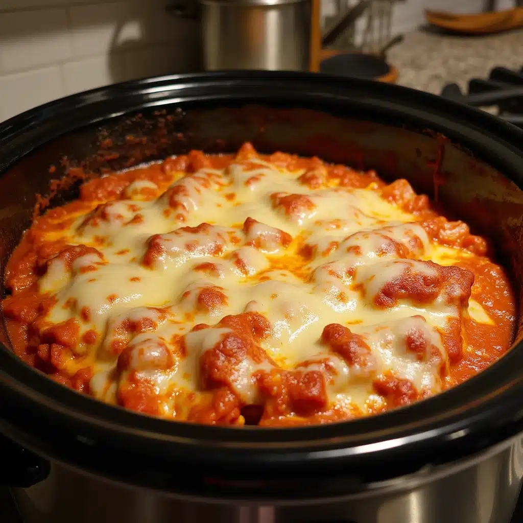 Cooked crockpot lasagna in a slow cooker