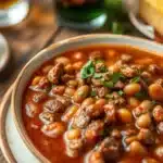 A delicious bowl of baked beans with ground beef served on a wooden table.