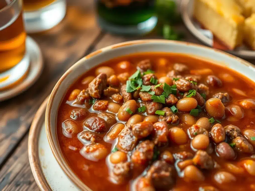 A delicious bowl of baked beans with ground beef served on a wooden table.