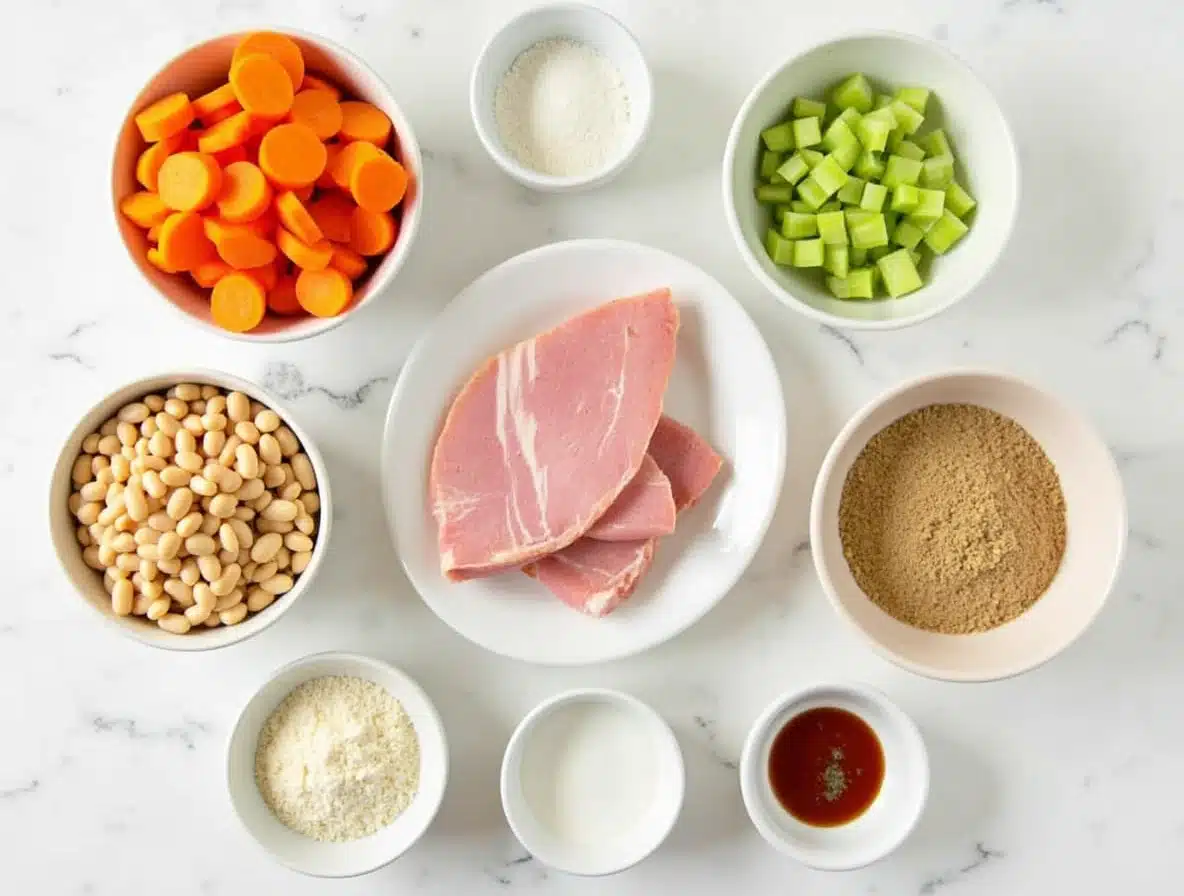 Ingredients for ham and bean soup spread on a kitchen counter.