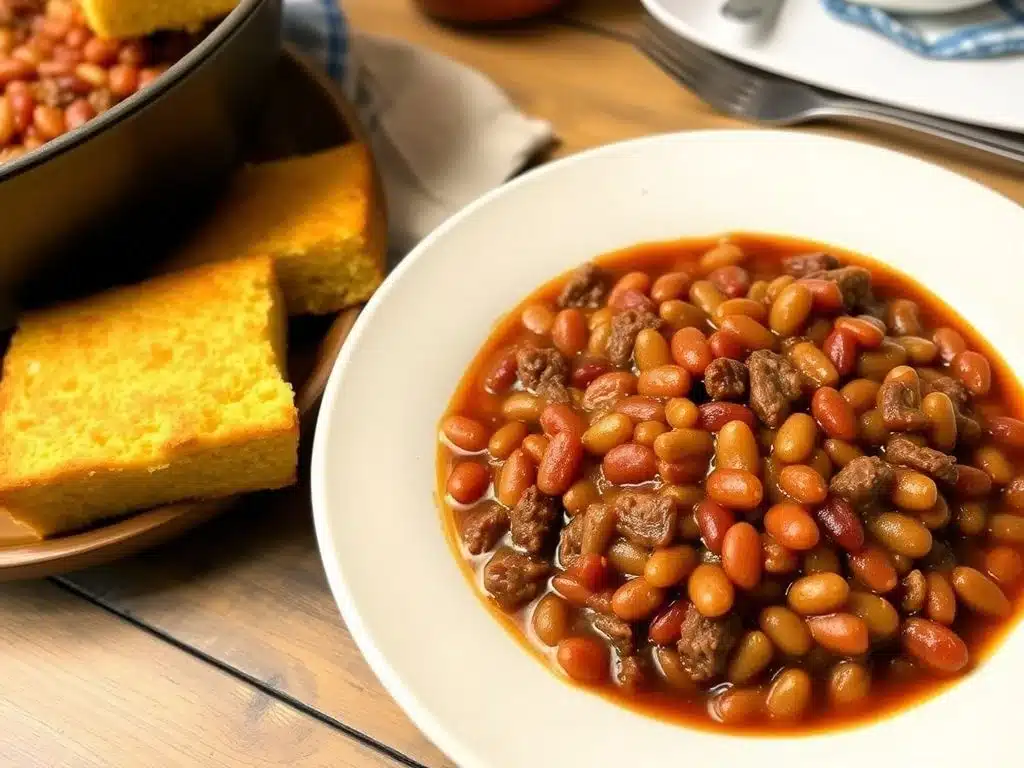 Baked beans with ground beef served on a plate with cornbread.