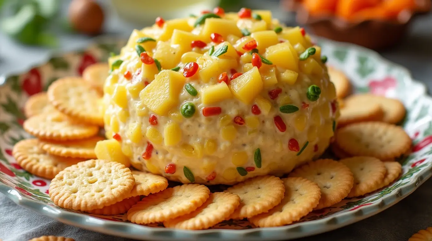 A vibrant pineapple cheese ball served on a platter surrounded by crackers and vegetables.