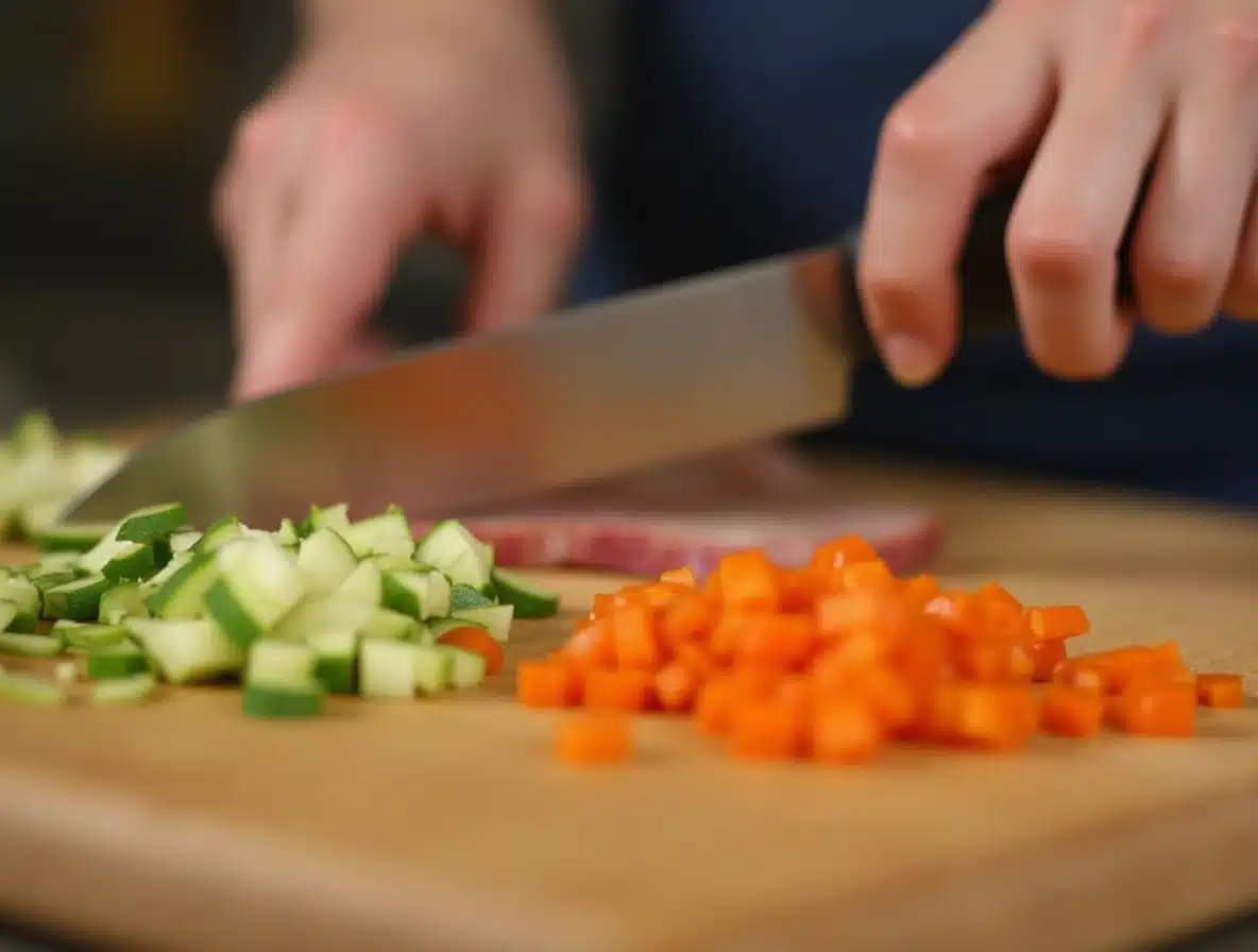 Chopping vegetables for soup preparation.