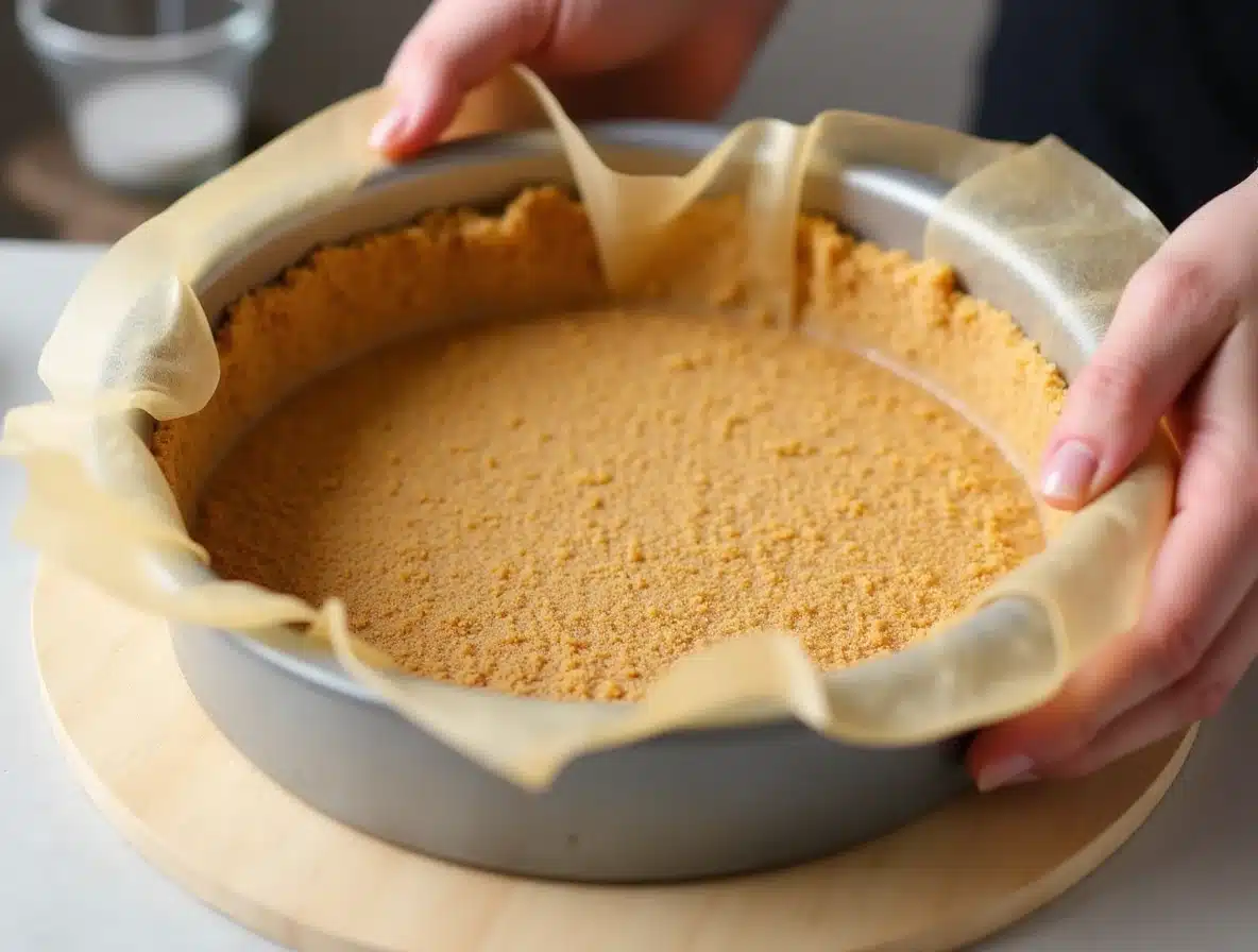 Pressing graham cracker crust into a springform pan.