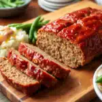 Homemade Stove Top Stuffing Meatloaf served on a wooden platter.