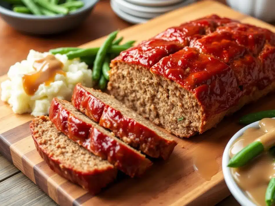 Homemade Stove Top Stuffing Meatloaf served on a wooden platter.