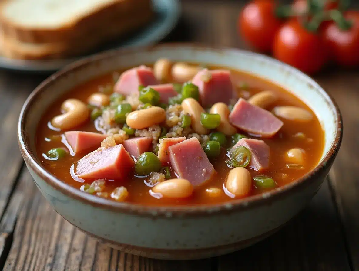 A plated serving of ham and bean soup with toppings.