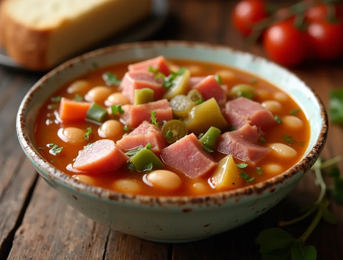 A bowl of slow cooker ham and bean soup with fresh herbs and bread.