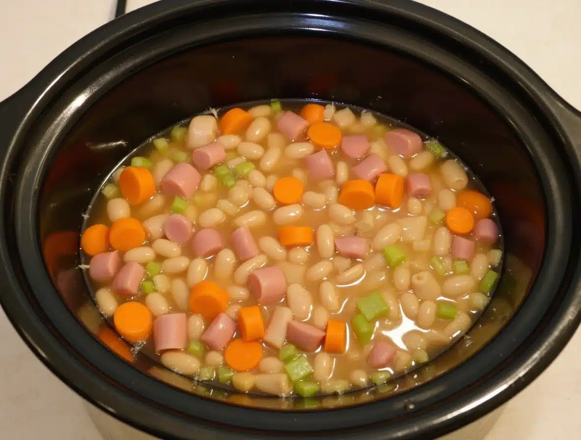 Ingredients layered in a slow cooker.