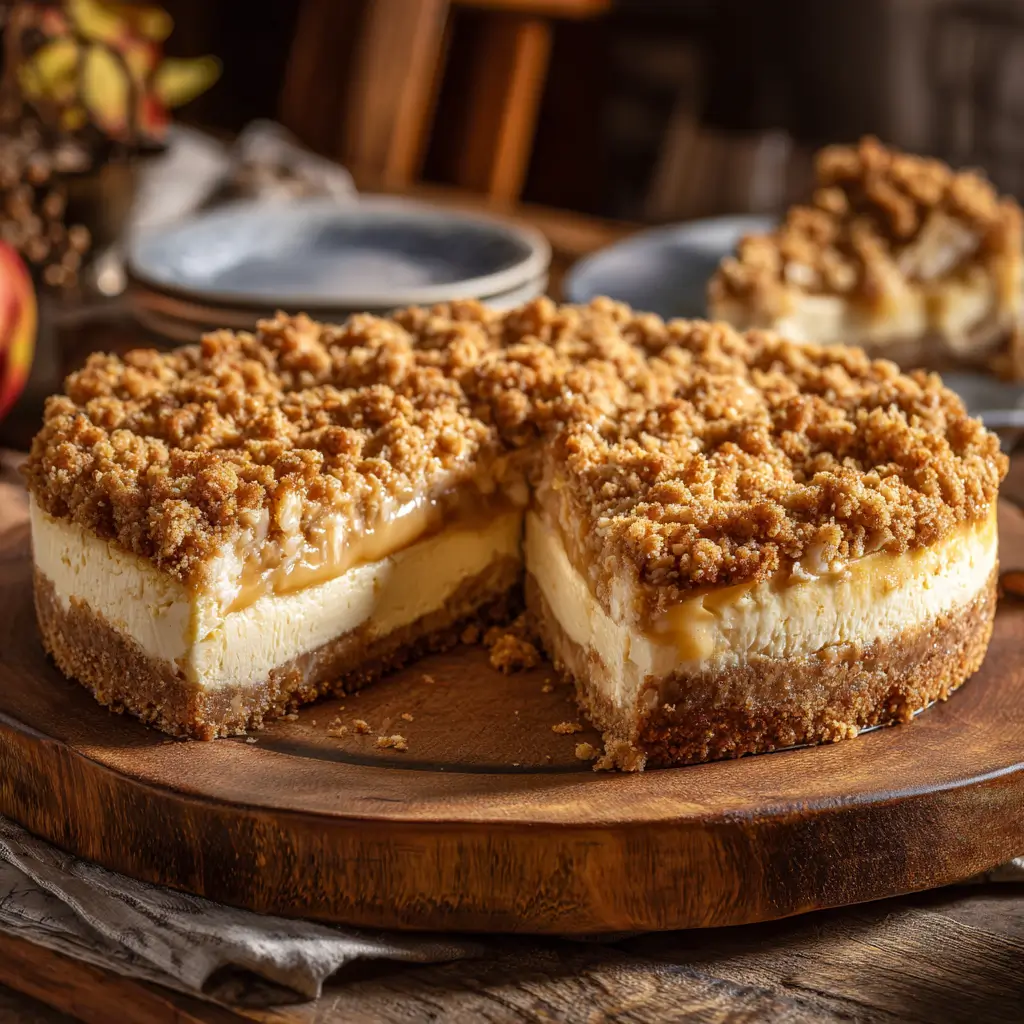 Apple Crumble Cheesecake with oat topping and sliced apples