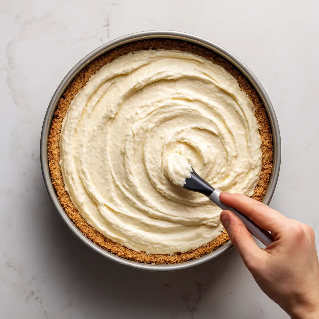 Pouring cheesecake filling into pan