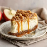 Apple Crumble Cheesecake next to recipe card
