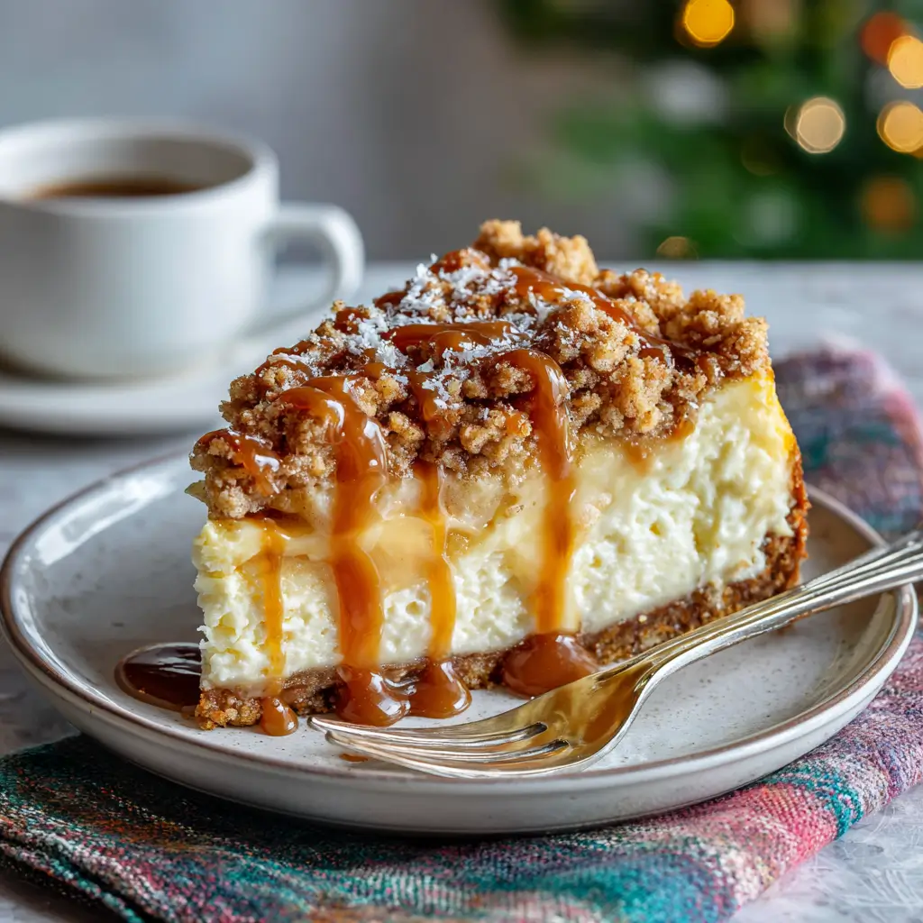 Slice of Apple Crumble Cheesecake on a plate