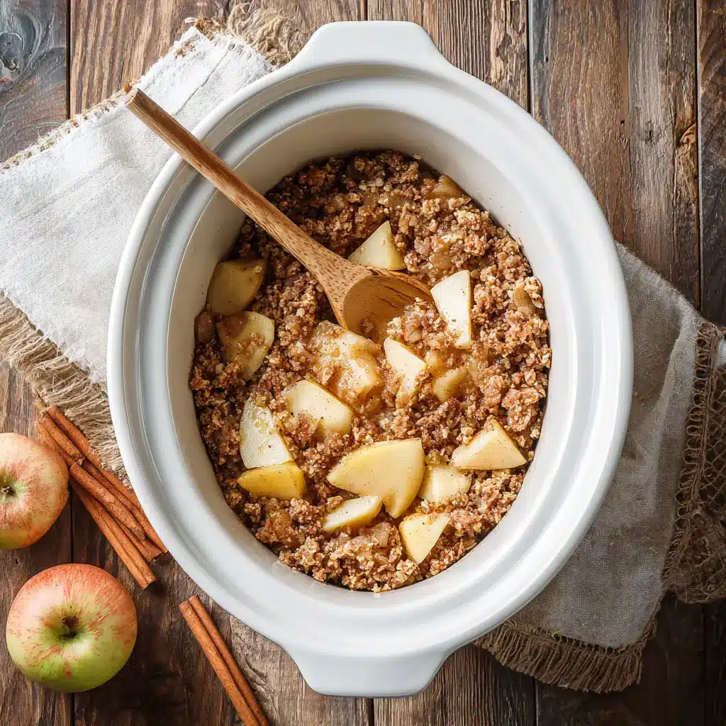 Crockpot apple crisp in a white slow cooker with cinnamon
