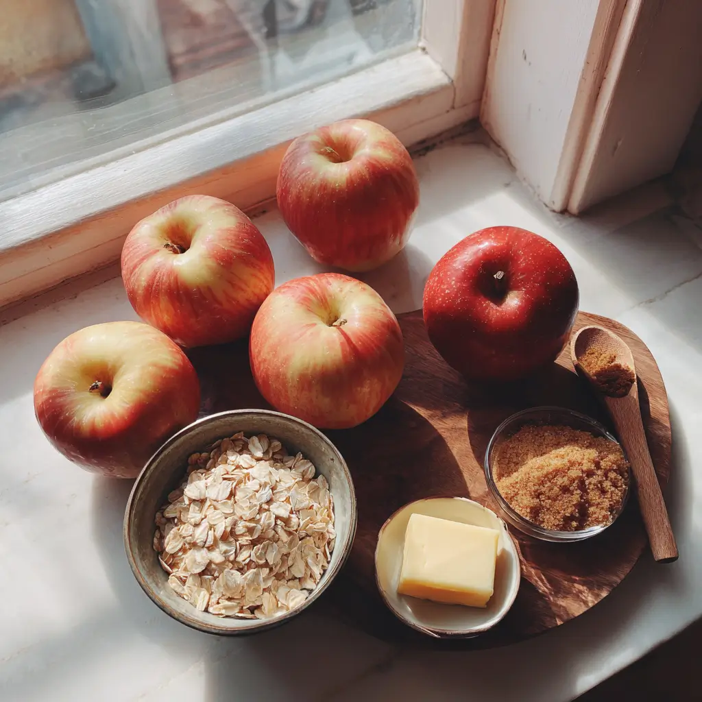 Ingredients for crockpot apple crisp including apples and oats