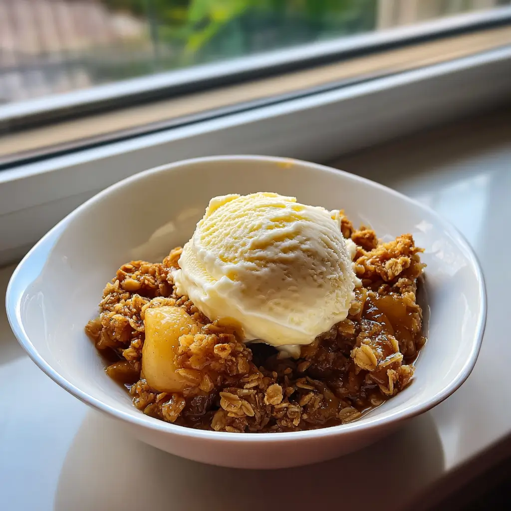 Crockpot apple crisp served warm with vanilla ice cream