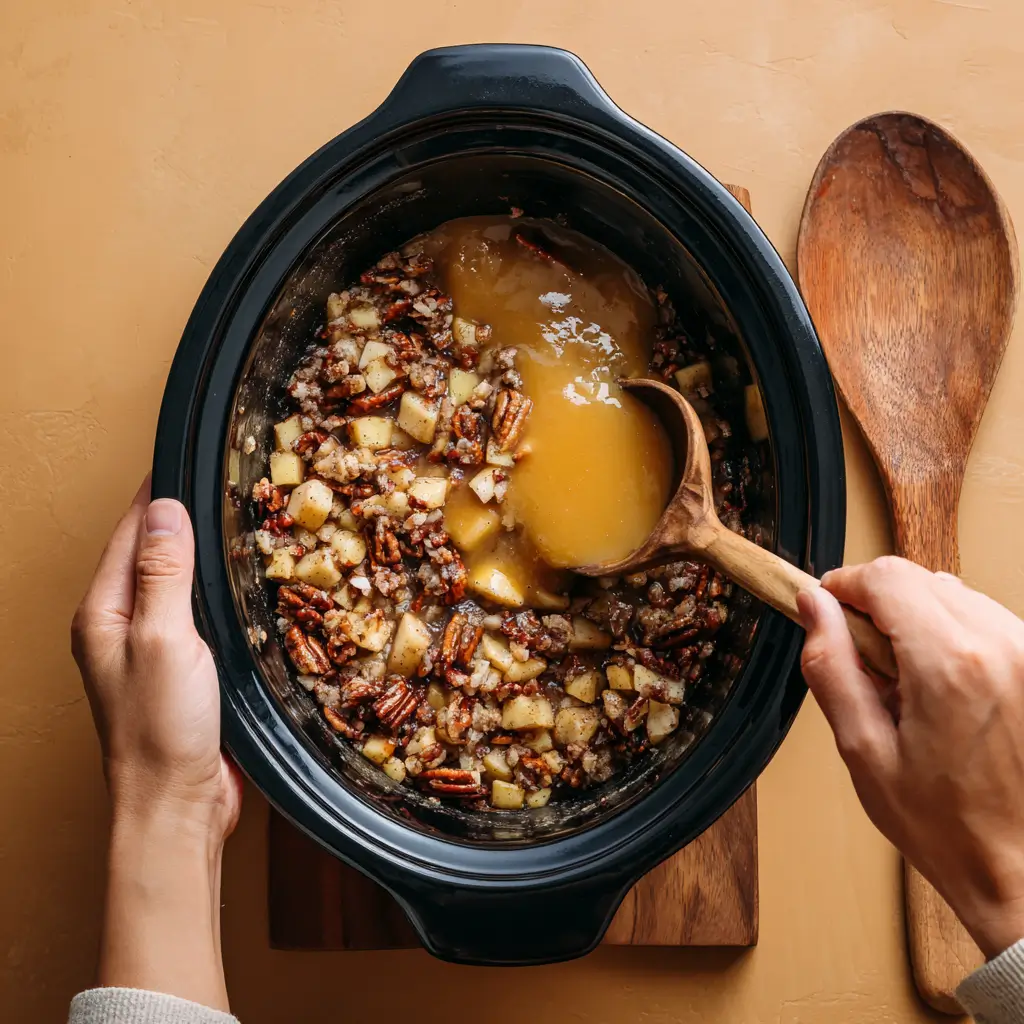 Apple filling layered into a slow cooker