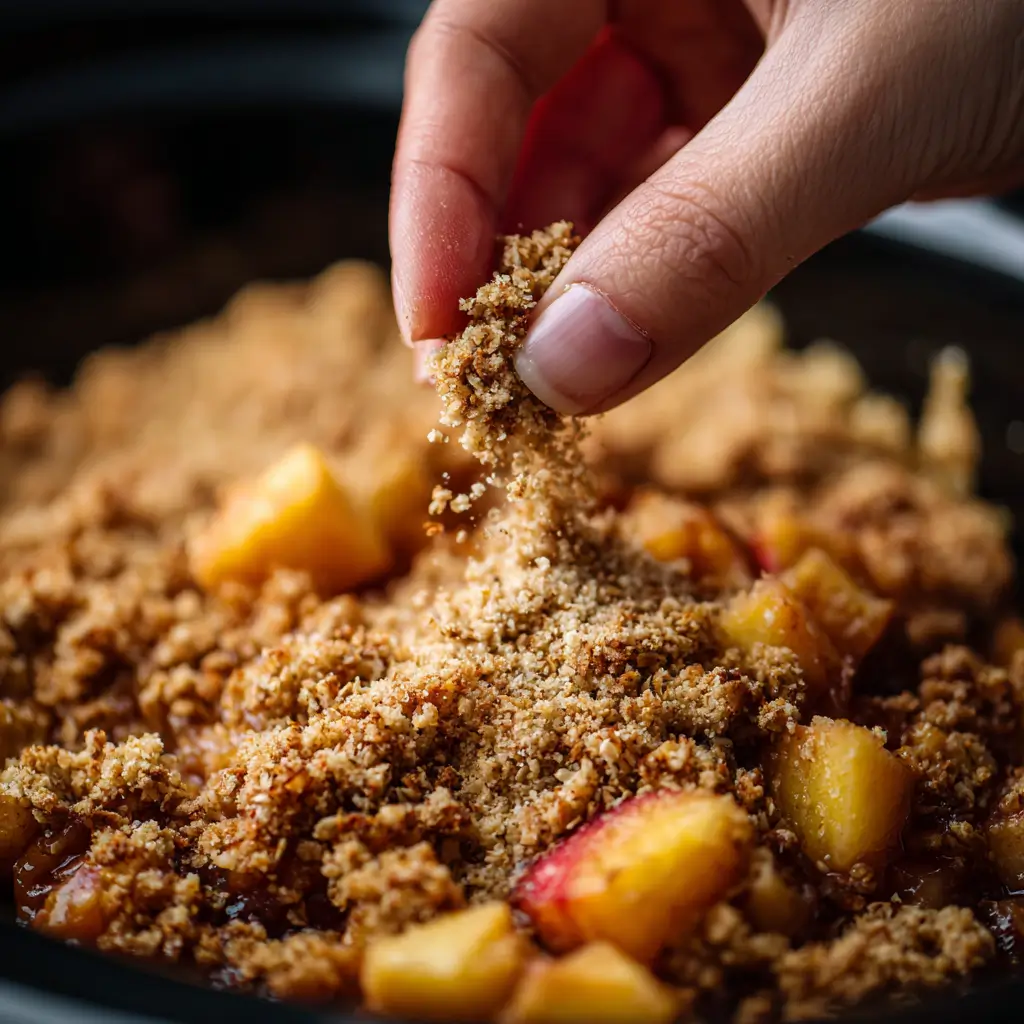 Oat crumble being spread over apples