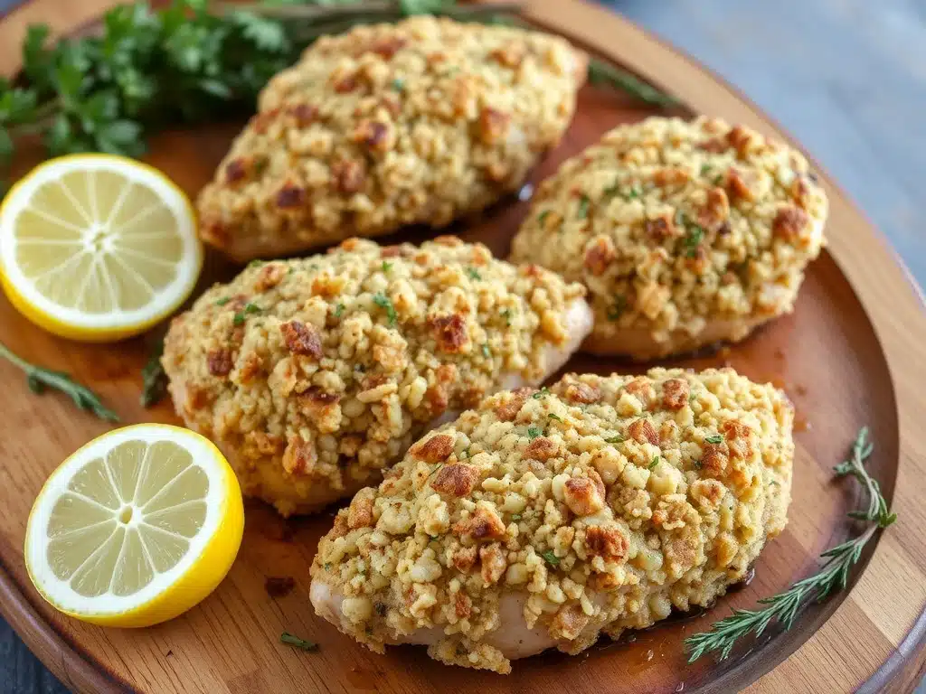 Baked chicken breasts coated in stuffing mix on a baking sheet