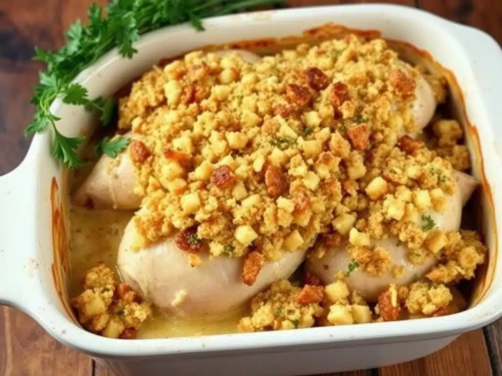 Chicken and stuffing casserole topped with crispy stuffing mix