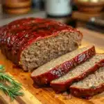 A perfectly glazed meatloaf sliced on a cutting board.