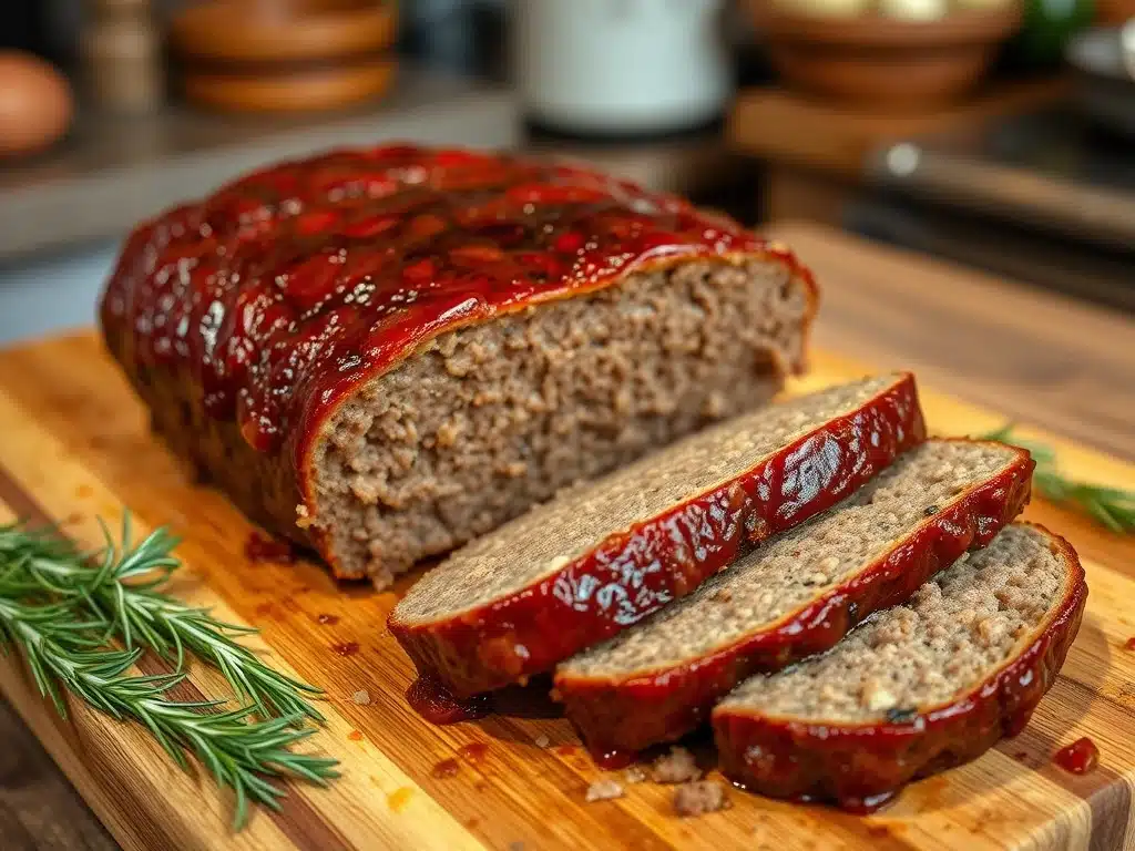 A perfectly glazed meatloaf sliced on a cutting board.