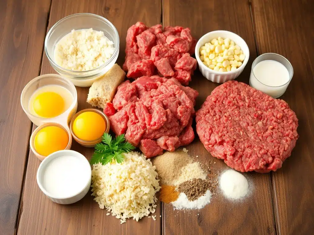 Selection of ground meats and ingredients for meatloaf.