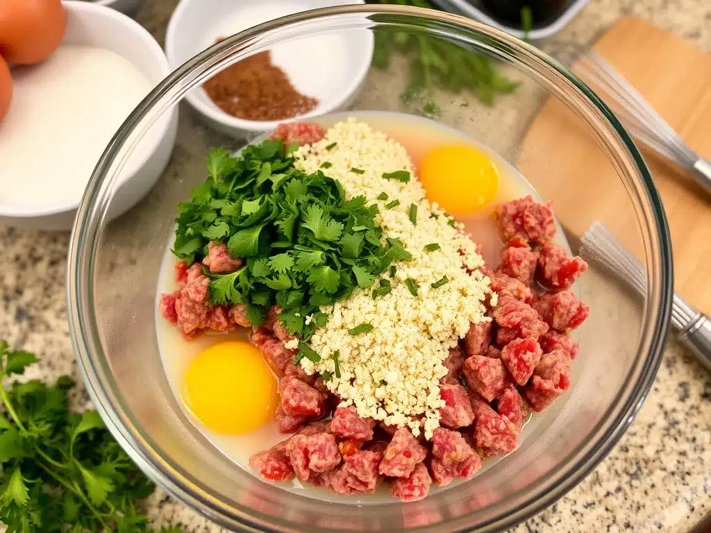 Mixing meatloaf ingredients in a bowl.