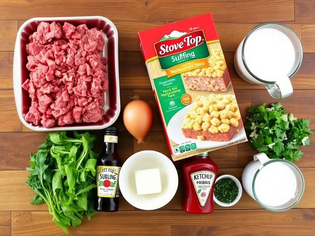 Ingredients for Stove Top Stuffing Meatloaf laid out on a table