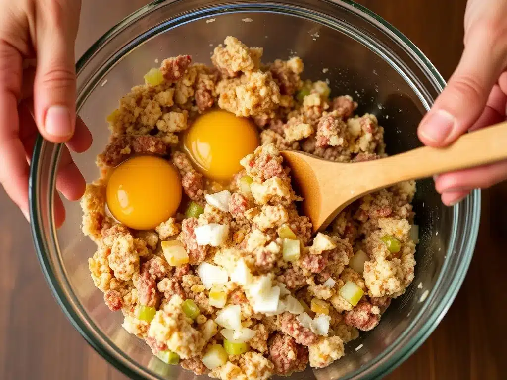 Mixing meatloaf ingredients in a large bowl with a wooden spoon.