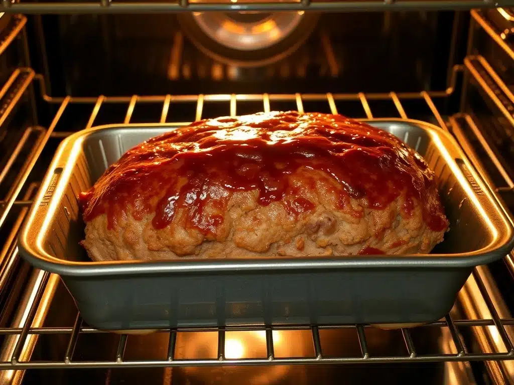 Stove Top Stuffing Meatloaf baking in the oven with a golden glaze.