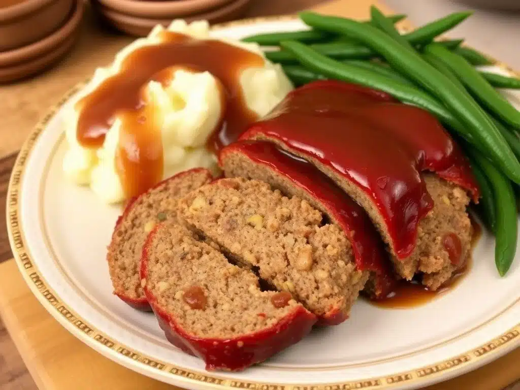 A dinner plate with sliced Stove Top Stuffing Meatloaf, mashed potatoes, and green beans."