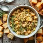 Stuffing mix in a bowl with herbs and bread cubes