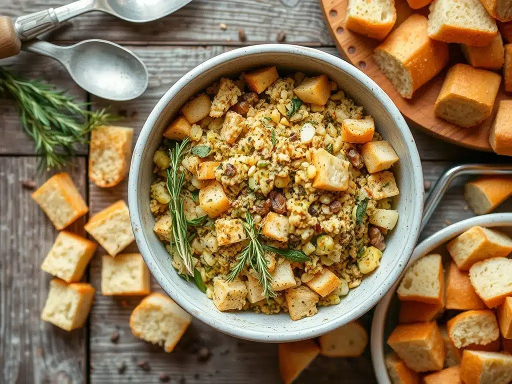 Stuffing mix in a bowl with herbs and bread cubes