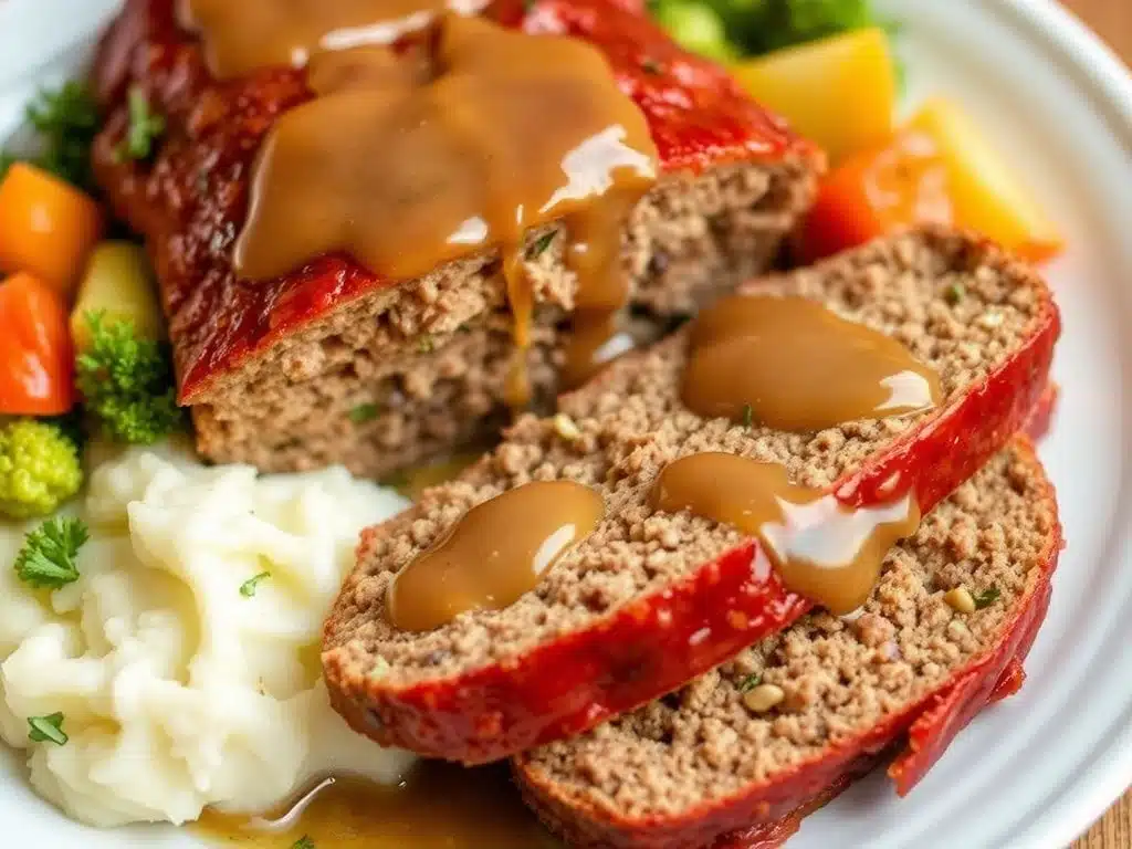 Sliced meatloaf made with stuffing mix on a serving plate