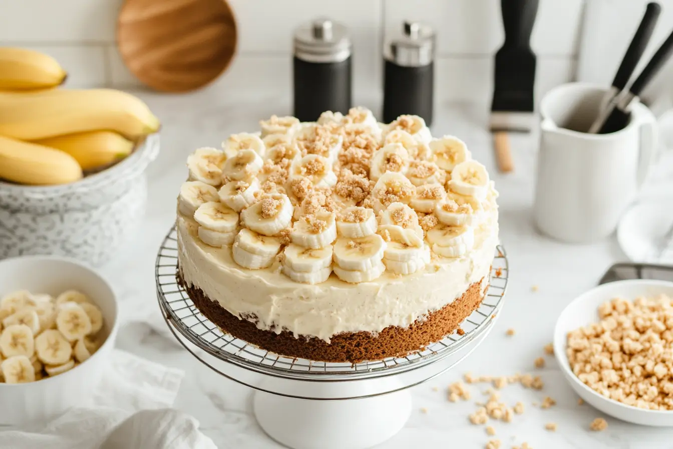 Step-by-step assembly of banana pudding cake layers with pudding, banana slices, and crushed vanilla wafers.