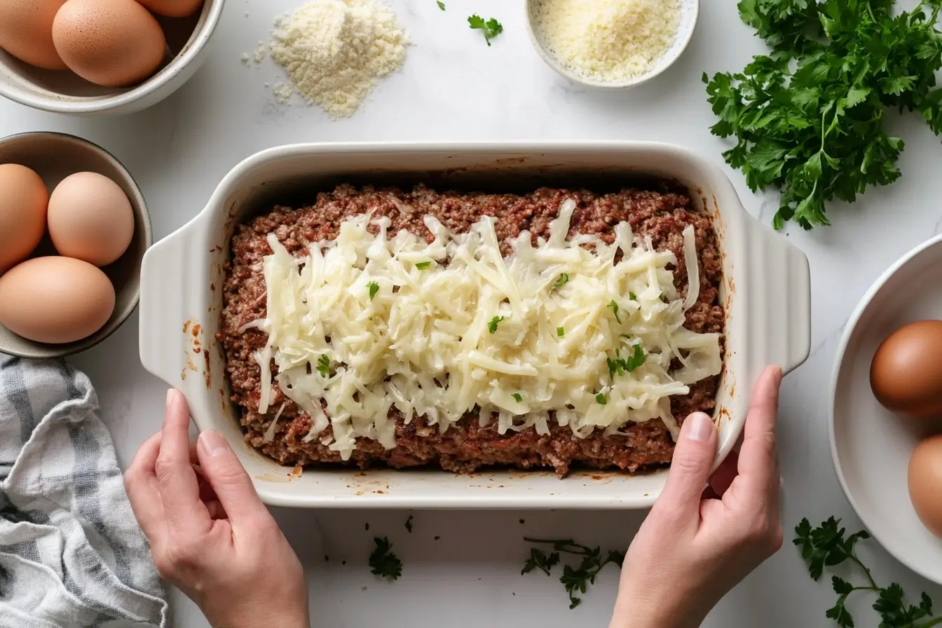 Assembling The Philly Cheesesteak Meatloaf Layers